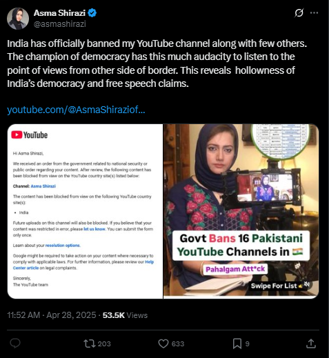 Screenshot of a post on X/Twitter sharing that multiple YouTube accounts were blocked in India